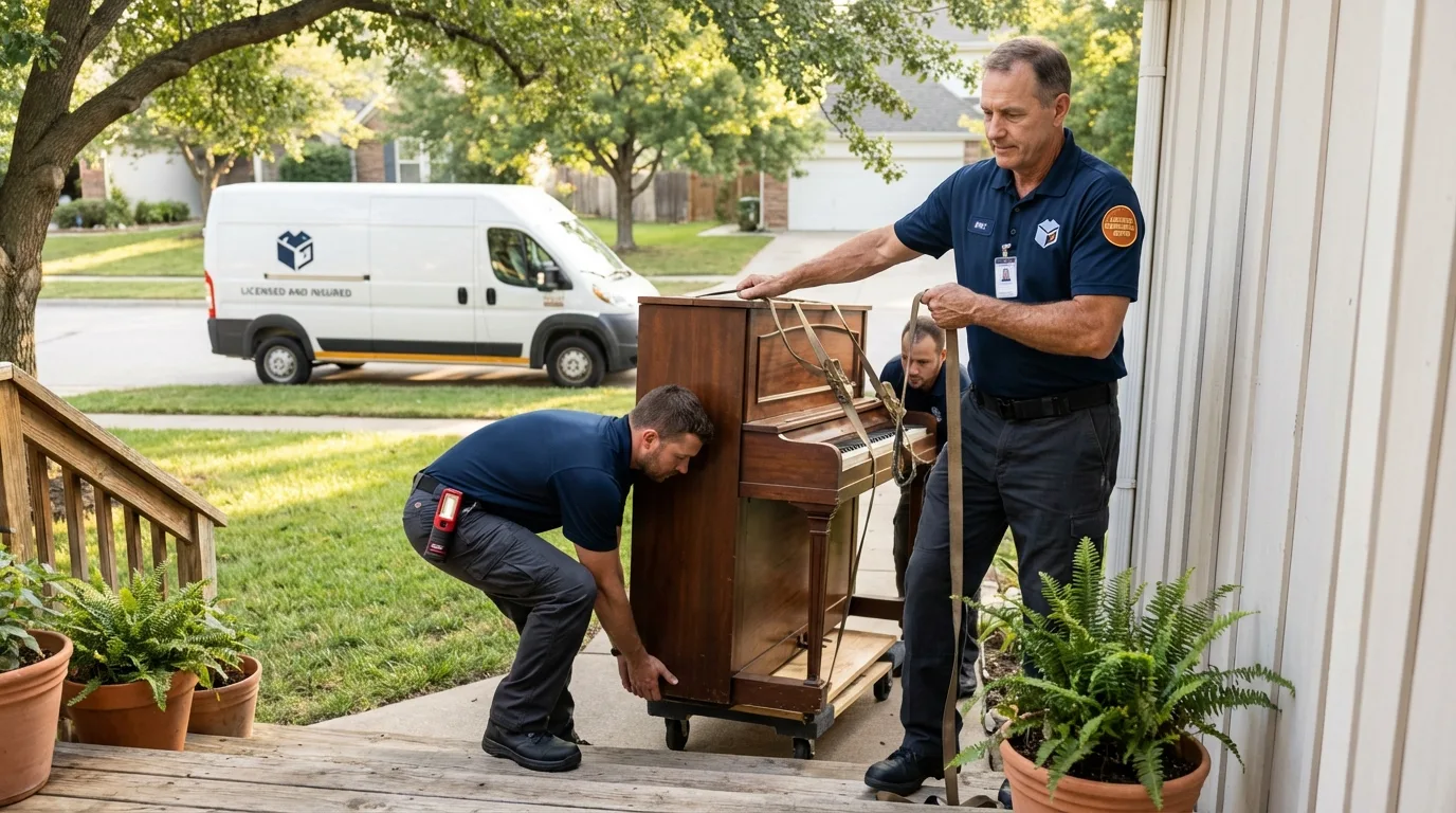 Licensed piano movers securing grand piano in Holland, MI