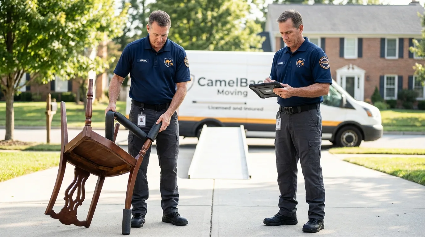 Movers inspecting furniture for damage prevention before loading in Holland, MI