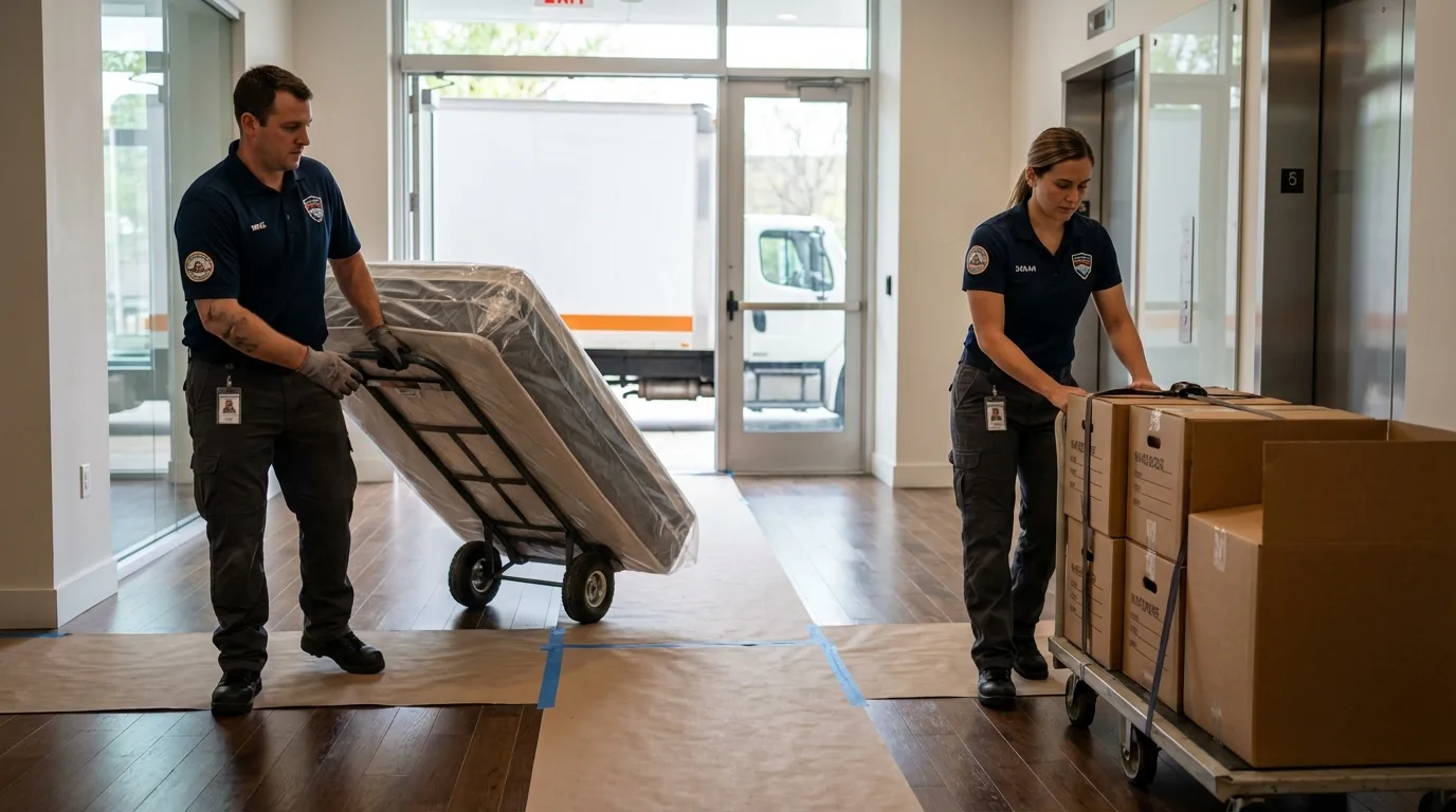 Professional apartment movers loading elevator in Holland, MI